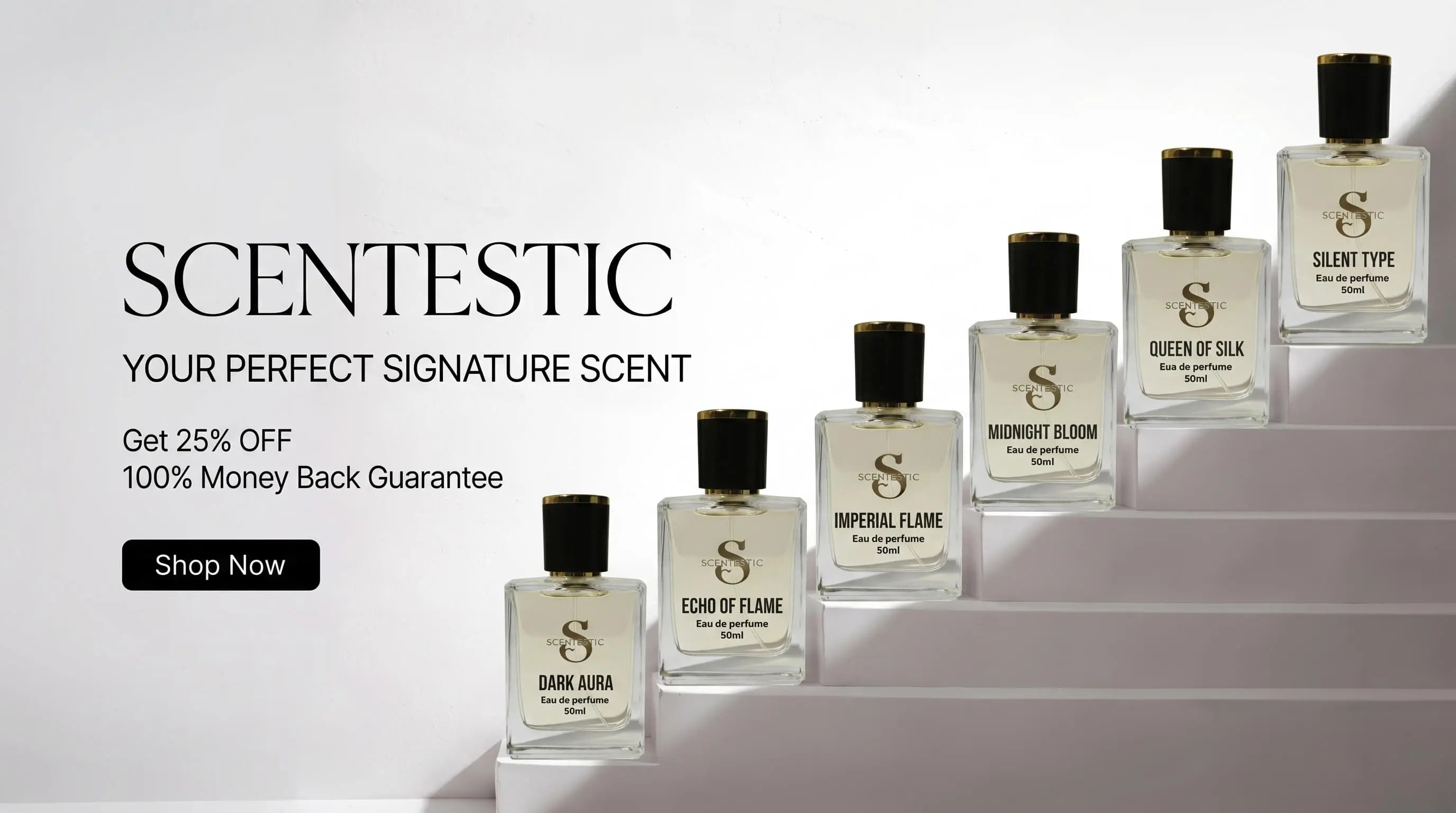 Scentestic luxury perfume collection banner showcasing long lasting fragrances for men and women in Pakistan