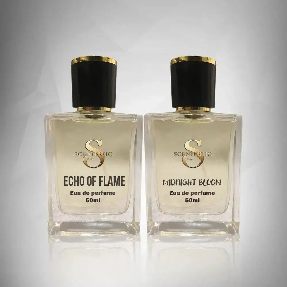 Two scentestic perfume bottles, Echo of Flame and Midnight Bloom, premium fragrances in Pakistan