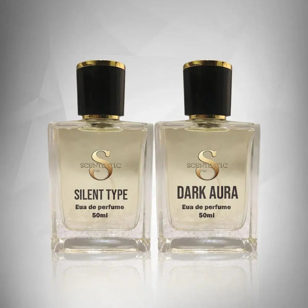scentestic perfume brand in pakistan, two fragrance bottles Silent Type and Dark Aura 50ml