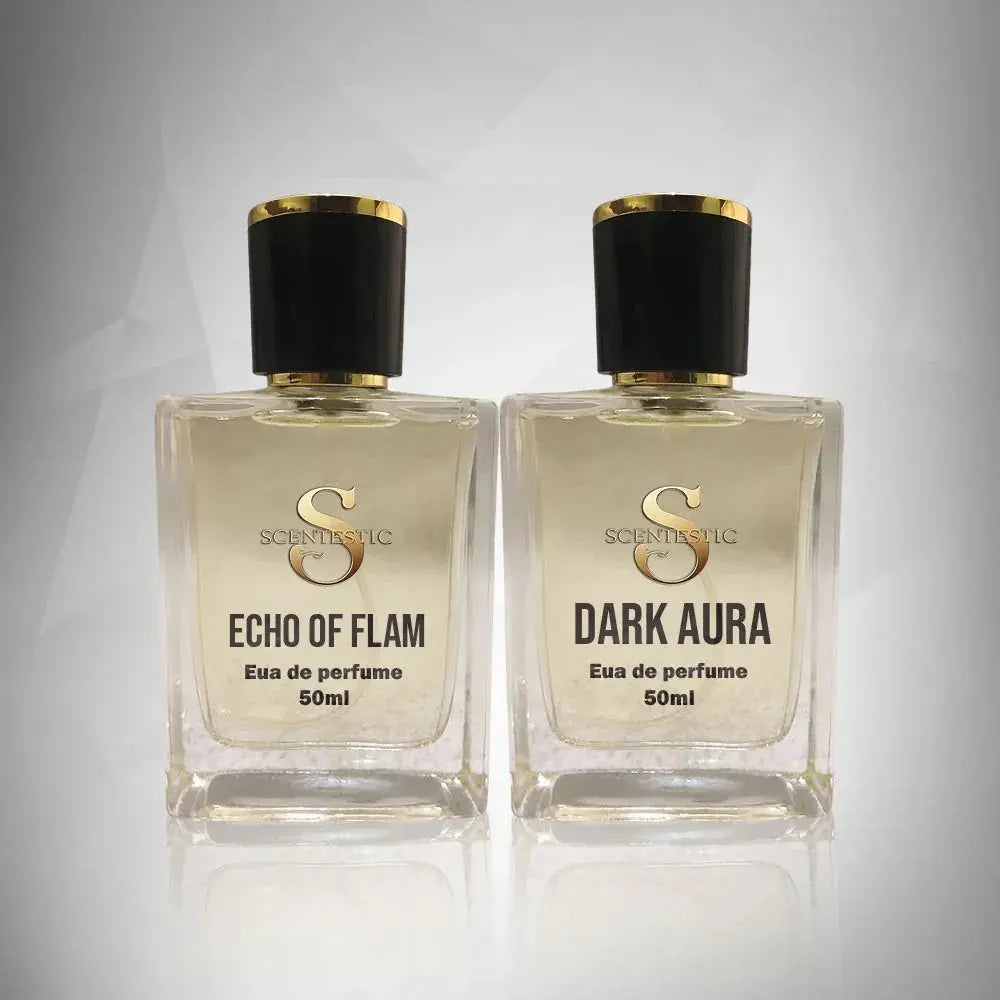 Two Scentestic perfume bottles, Echo of Flam and Dark Aura, 50ml each, for men and women in Pakistan.